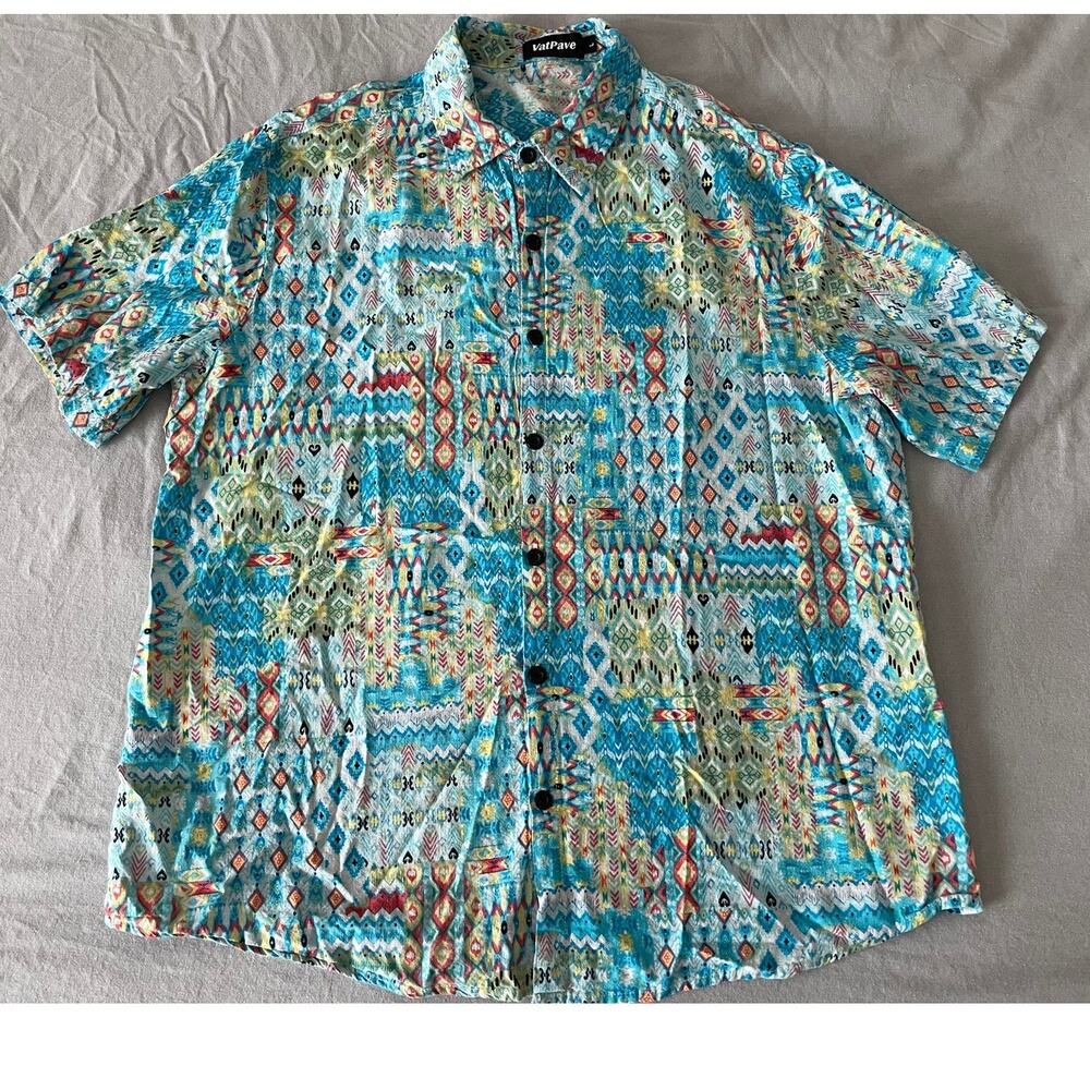 Vat Pave Abstract print Button Up Short Sleeve Top SZ L Cotton Blend